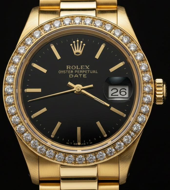 Rolex Oyster Perpetual Date Ref. 6917 — Oro Amarillo 18k | Bisel Original de Fábrica con Brillantes | Malla Presidente