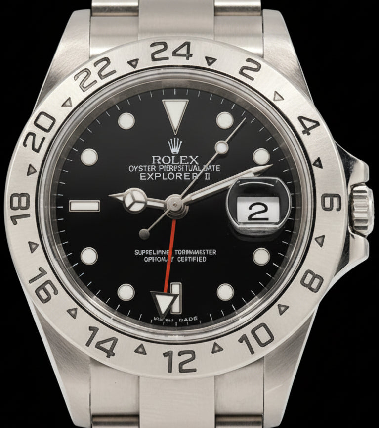 Rolex Explorer II Ref. 16570 — Esfera Negra, Malla SEL, Swiss Made (copia)