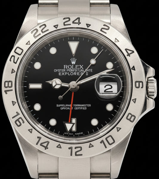 Rolex Explorer II Ref. 16570 — Esfera Negra, Malla SEL, Swiss Made